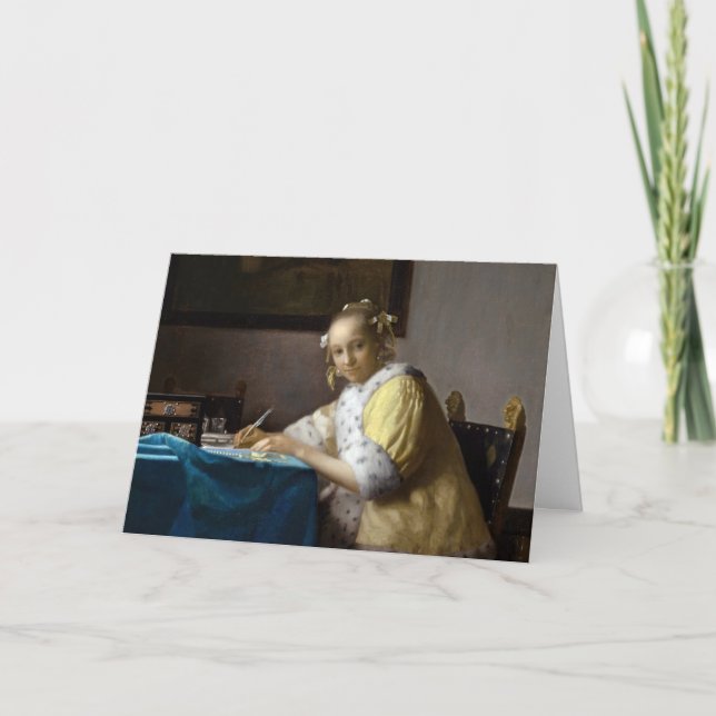 Cartão Johannes Vermeer - A Lady escrevendo uma Carta (Frente)