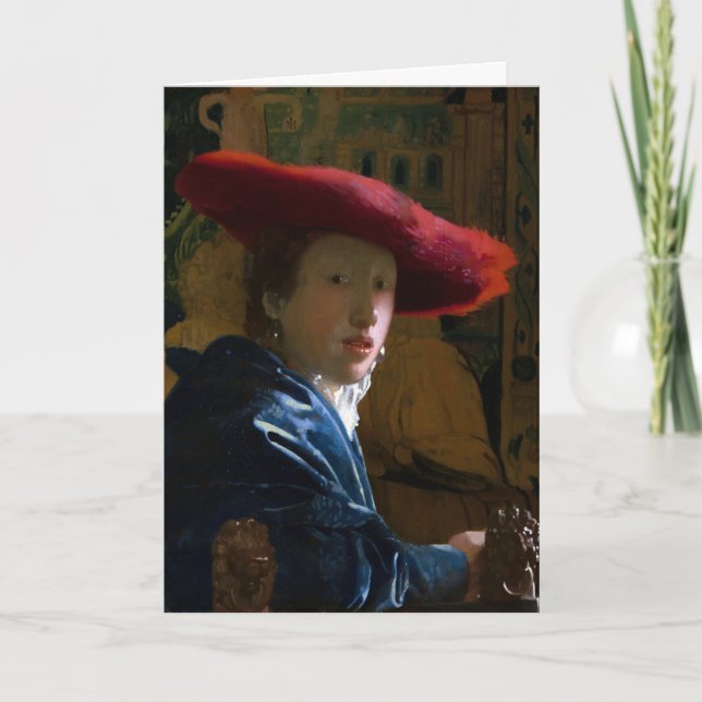Cartão Johannes Vermeer - Rapariga com Chapéu Vermelho (Frente)