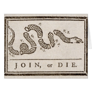 Cartão Join ou Die Rattlesnake: Cartoon Benjamin Franklin