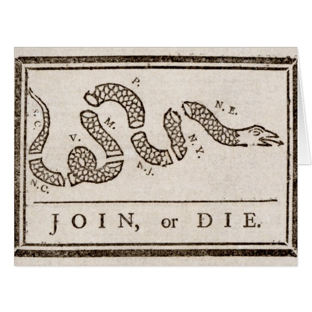 Cartão Join ou Die Rattlesnake: Cartoon Benjamin Franklin (Frente horizontal)
