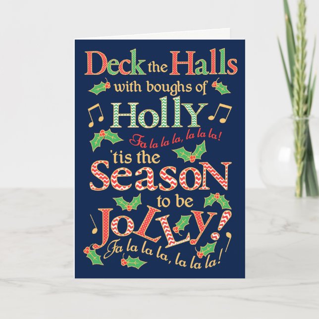 Cartão Jolly Christmas Deck the Halls com Holly (Frente)