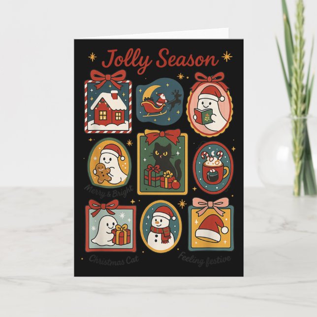 Cartão Jolly Season Ghost Cat Santa Christmas Frame Merry (Frente)