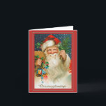 Cartão Jolly Vintage Papais noeis com o Natal dos Brinque<br><div class="desc">Esta placa de natal vintage tem uma Cláusula Santa ornamentado com um cheio de brinquedos. O dentro tem modelos para você personalizar e criar suas próprias saudações. Todos os itens são preenchidos pelo Zazzle e são 100% de satisfação garantida. Para problemas de pedidos e envio, entre em contato com o...</div>
