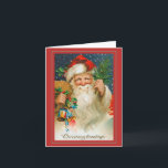 Cartão Jolly Vintage Papais noeis com o Natal dos Brinque<br><div class="desc">Esta placa de natal vintage tem uma Cláusula Santa ornamentado com um cheio de brinquedos. O dentro tem modelos para você personalizar e criar suas próprias saudações. Todos os itens são preenchidos pelo Zazzle e são 100% de satisfação garantida. Para problemas de pedidos e envio, entre em contato com o...</div>