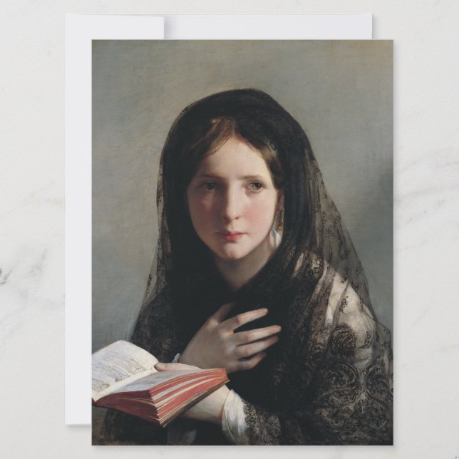 Cartão Jovem Mulher Perdida nos Sonhos (Lendo um Livro) (Frente)