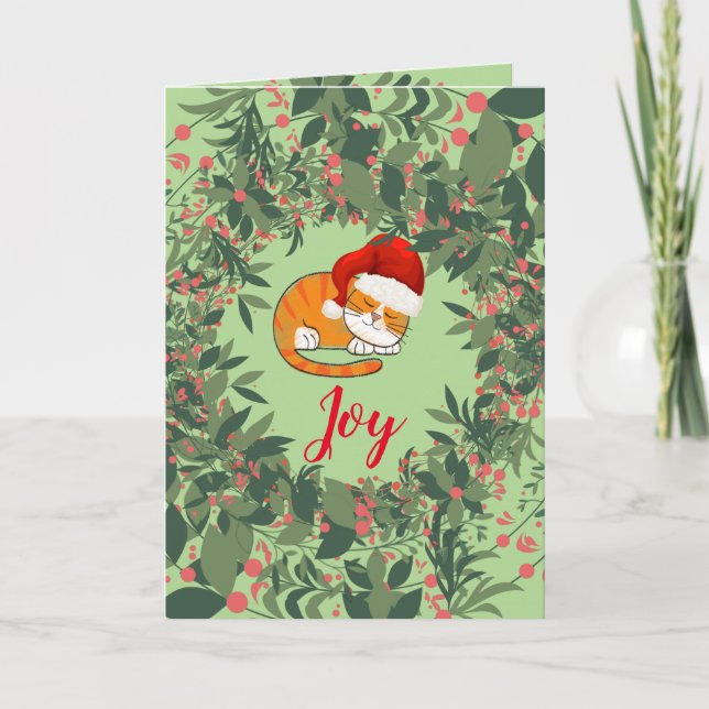 Cartão Joy Cat Holidays Wreath Deixa Vermelho Verde Rosa (Frente)