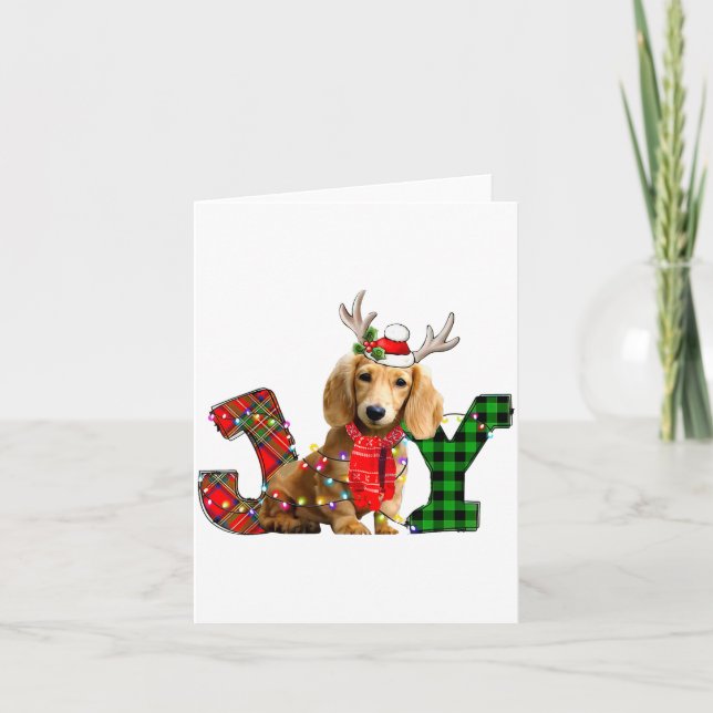 Cartão Joy Christmas Lights Long Haired Dachshund Dog San (Frente)
