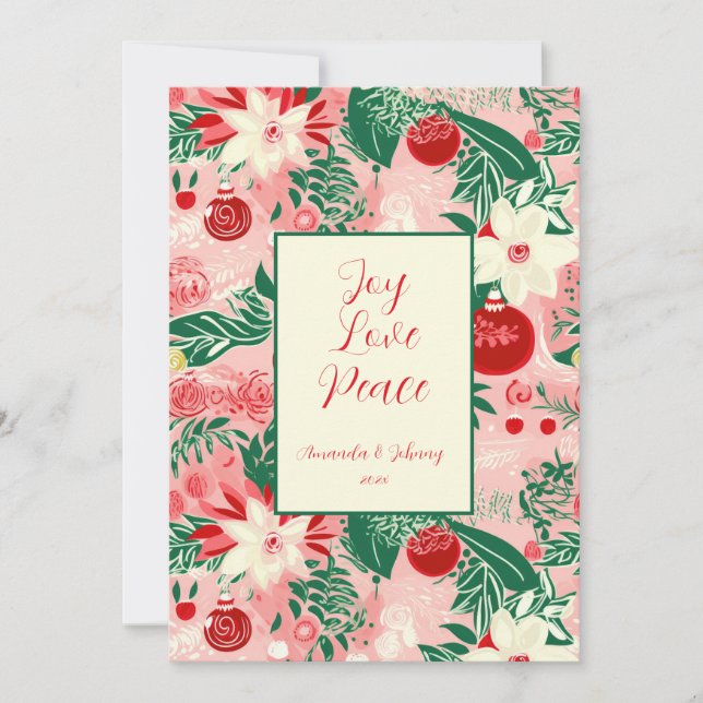 Cartão Joy Love Peace Pink Red Floral Christmas Card (Frente)