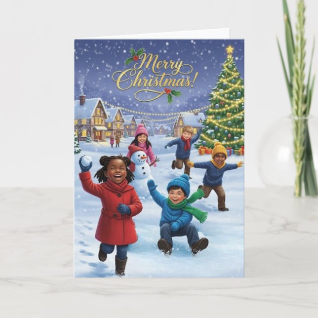 Cartão Joyful Kids Playing in the Snow – Merry Christmas (Frente)
