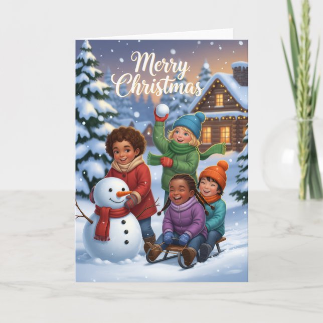 Cartão Joyful Snow Day Friends – Kids Christmas Card (Frente)