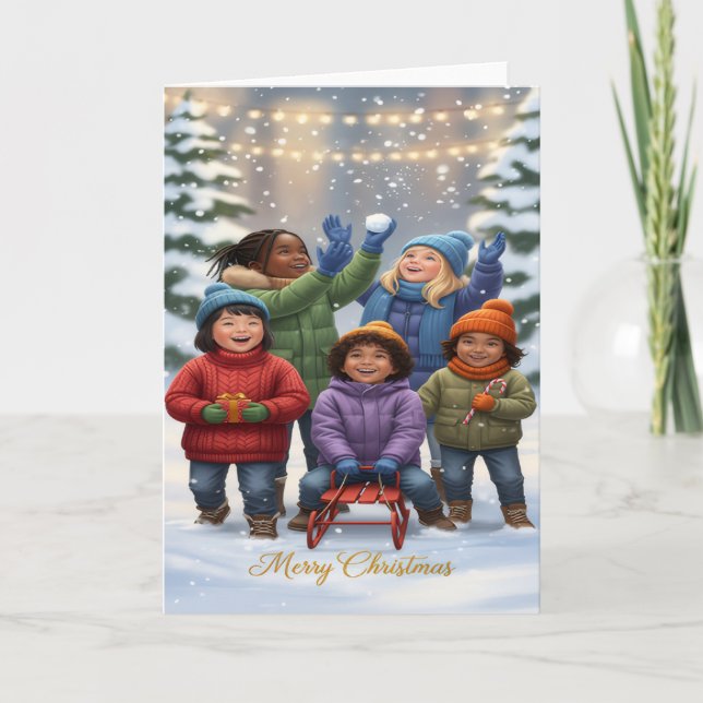 Cartão Joyful Snow Day – Kids Christmas Greeting Card (Frente)