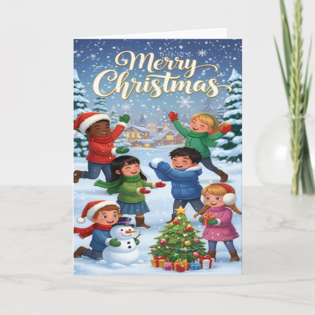 Cartão Joyful Winter Fun – Kids’ Merry Christmas Card (Frente)
