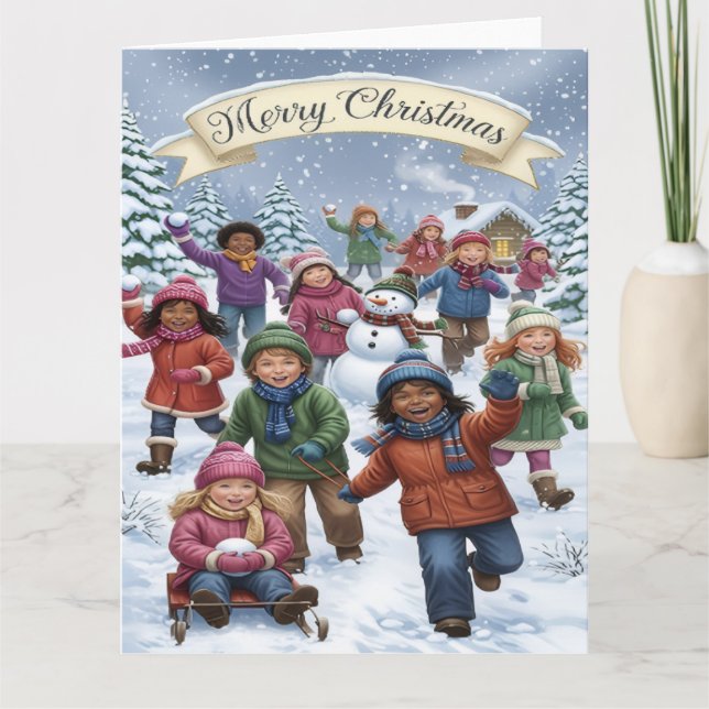 Cartão Joyful Winter Wonderland – Kids Merry Christmas (Frente)