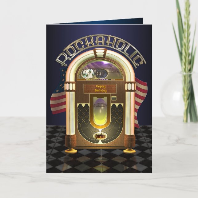 Cartão Jukebox Rockaholic Customizable Greetings Card (Frente)