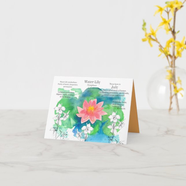 Cartão Julho Aniversário Water Lily Larkspur Birth Flower (Flor Amarela)