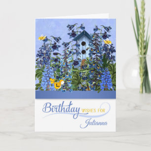 Cartão July Birthday Larkspur Garden with Birdhouse Name
