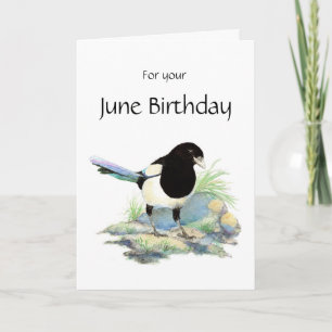 Cartão June Birthday, Magpie  - Watercolor Bird
