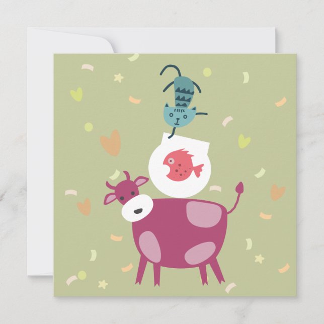 Cartão kaart beterschap, tekening koe, vis in kom  (Frente)