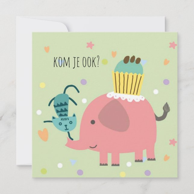 Cartão kaart uitnodiging feestje olifantje poes en taart (Frente)