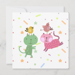 Cartão kaart verjaardag 2 poezen 2 vogeltjes