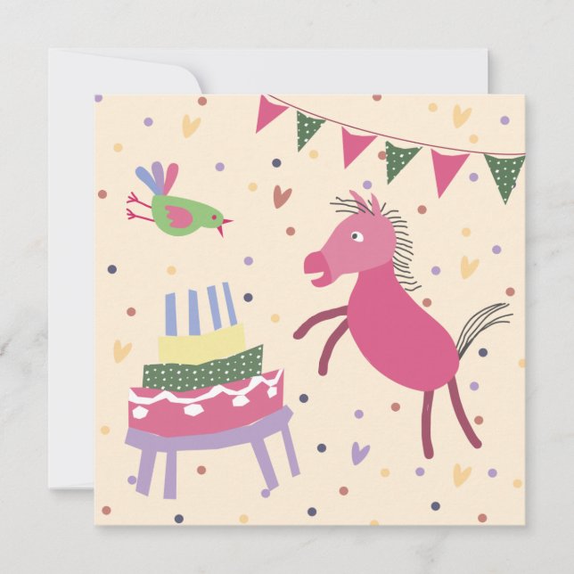 Cartão  kaart verjaardag paardje met taart (Frente)
