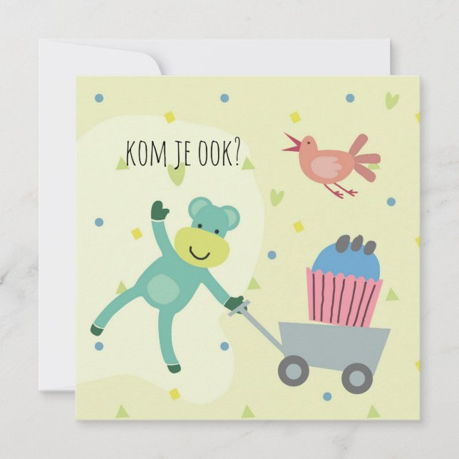 Cartão kaart verjaardag uitnodiging aapje cupcake (Frente)