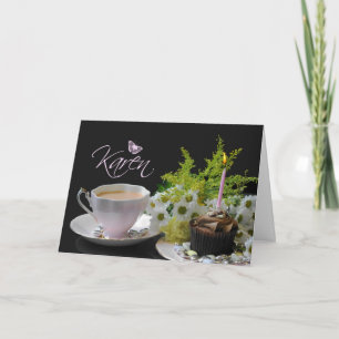 Cartão Karen Birthday Card with Cake Tea and Flowers