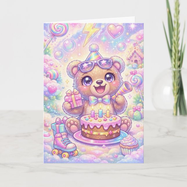 Cartão Kawaii Bear Birthday Pastel Rainbow Roller Skate (Frente)