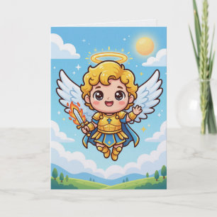 Cartão Kawaii de Arcanjo Cristão Fofo Saudação de
