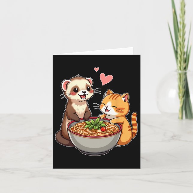 Cartão Kawaii Ferret E Cat Comendo Ramen Cujo Japonês A (Frente)