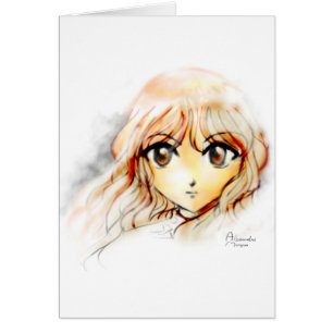 Cartão Kawaii grande dos olhos do esboço da menina do
