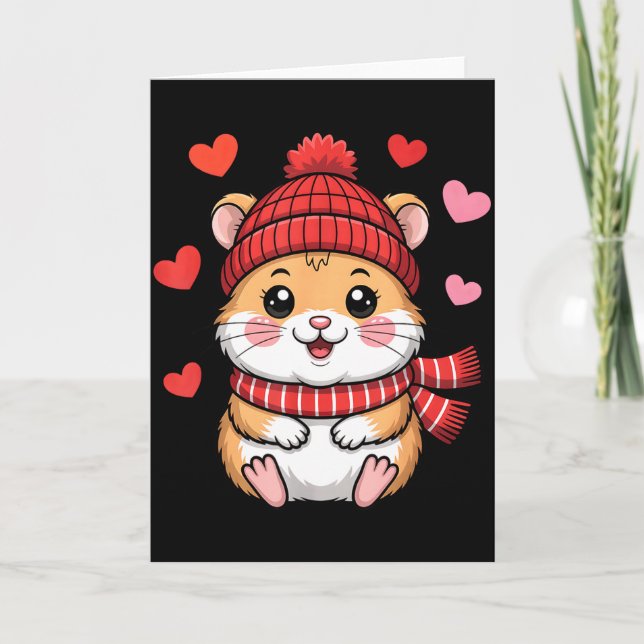 Cartão Kawaii Hamster Dia dos Namorados Corações Cachecol (Frente)