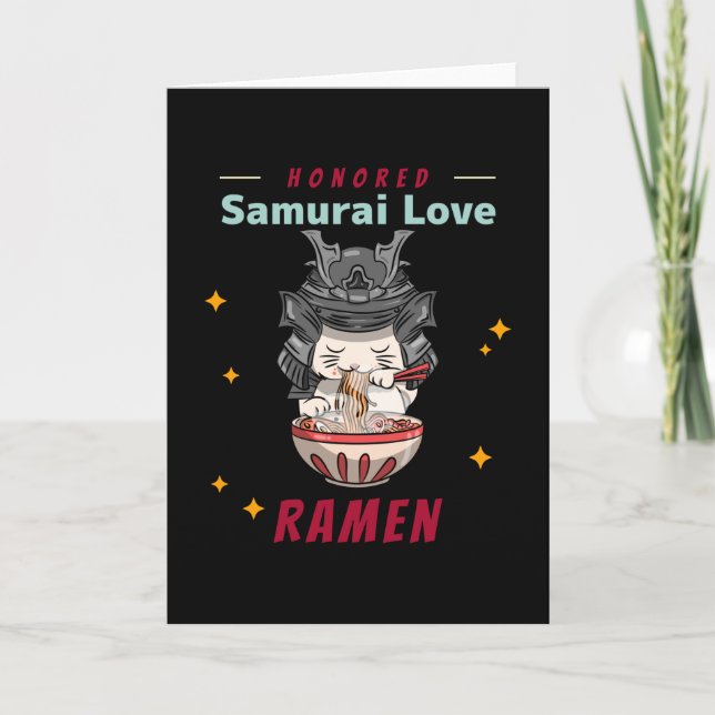 Cartão Kawaii Honrou Samurai Cat Eat Ramen (Frente)