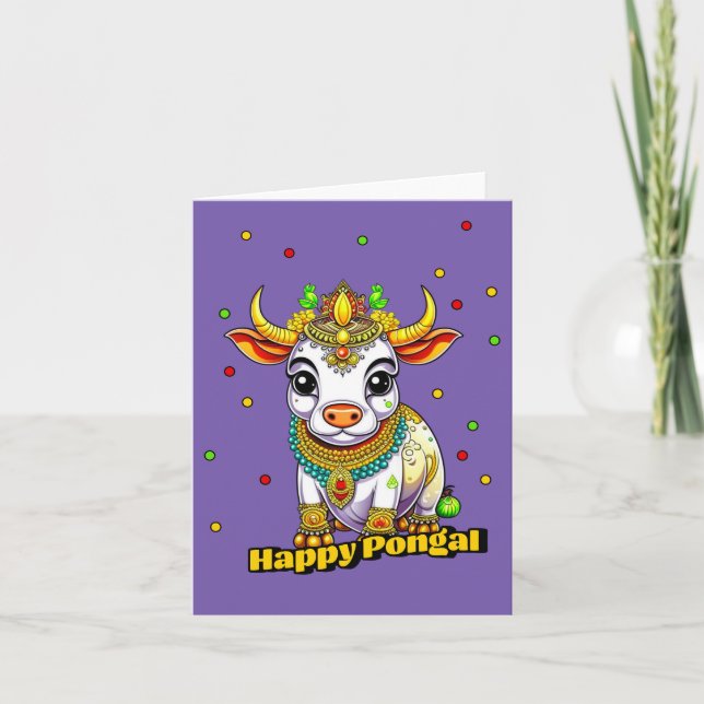 Cartão Kawaii Pongal - Vaca Decorada (Frente)
