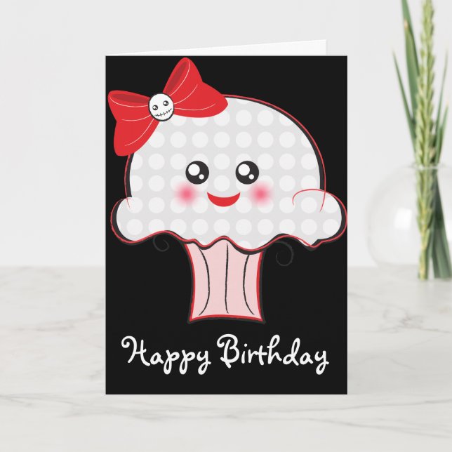 Cartão Kawaii Skull Cupcake Birthday (Frente)