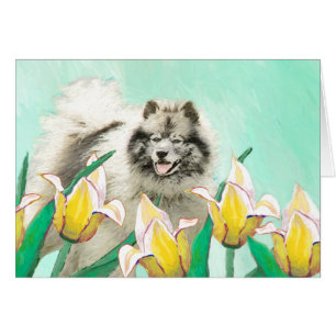 Cartão Keeshond em Tulips pintando uma linda arte canina