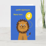 Cartão Kids 4th birthday lion add name blue<br><div class="desc">Personalize the front with the birthday child's name. Personalize the inside with your own special greeting (or you can use the text provided: "Have a wonderful 4th birthday, full of love, fun and surprises"). The design features a smiling lion with a bright yellow birthday balloon on a blue background. There...</div>