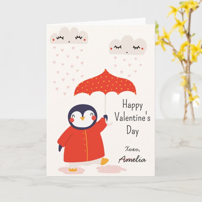 Cartão Kids Classroom Cute Penguin Valentine's Day (Flor Amarela)