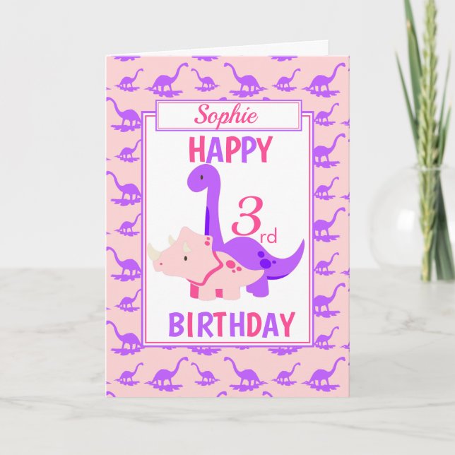 Cartão Kids Dinosaur 3rd Birthday Pink (Frente)