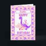 Cartão Kids Dinosaur 3rd Birthday Pink<br><div class="desc">A fun 3rd birthday card. This bright third birthday card features a cartoon Purple Brontosaurus and a Pink Triceratops, set on a pink and purple dinosaur background A lovely cute design for a little girl who will be three years old. The birthday age and the child's name on the front...</div>