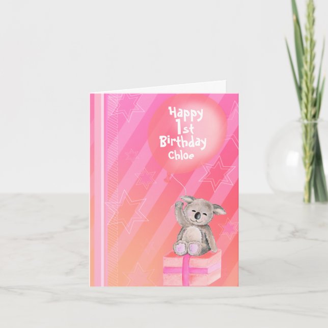 Cartão Kids Koala pink girls 1st birthday card (Frente)