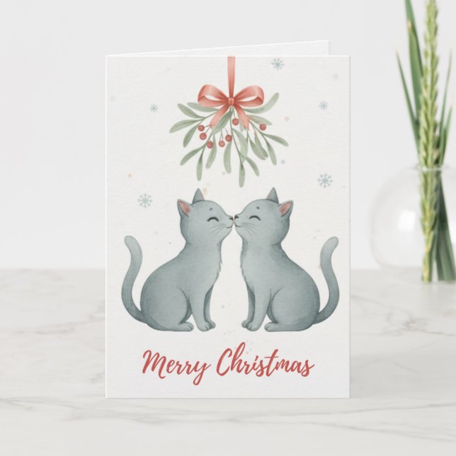 Cartão Kissing Kittens Under the Mistletoe Christmas Card (Frente)