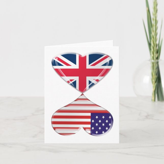 Cartão Kissing USA and UK Hearts Flags Art (Frente)