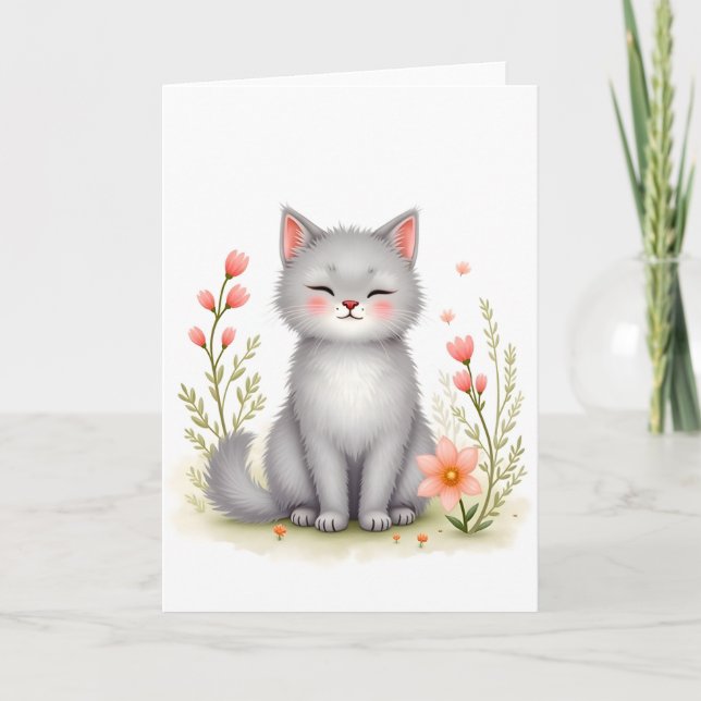 Cartão Kit de Aquarela Gatinho Fofo com Flores Branco (Frente)