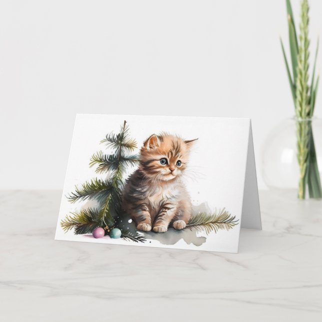 Cartão Kitten de Natal em Aquarela  (Frente)