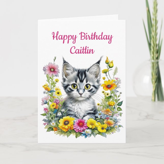 Cartão Kitten no Aniversário Personalizado das Flores Ama (Frente)