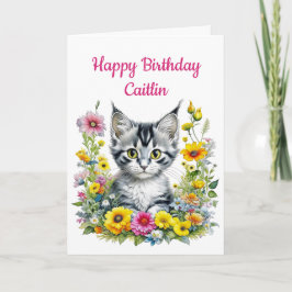 Cartão Kitten no Aniversário Personalizado das Flores Ama