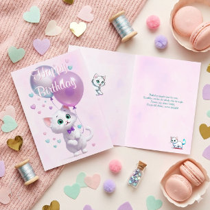 Cartão Kitty Branco Fofinho com Balões de Aniversário