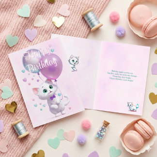 Cartão Kitty Branco Fofinho com Balões de Aniversário