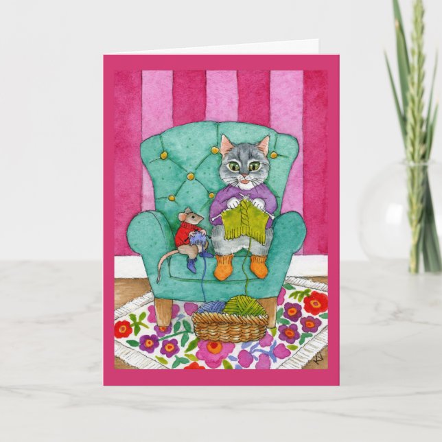Cartão Knitting cat and mouse greeting or note card (Frente)
